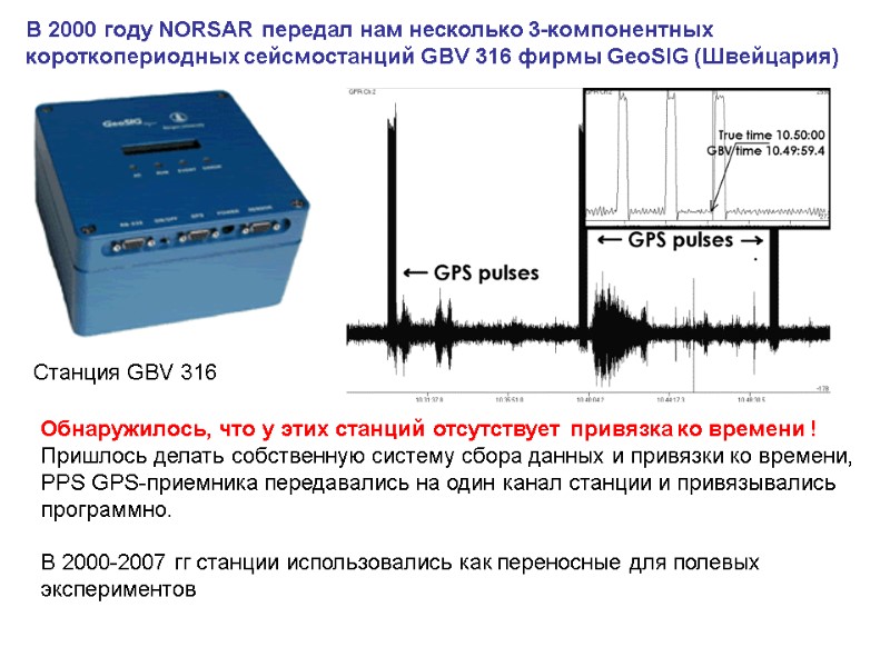 В 2000 году NORSAR передал нам несколько 3-компонентных короткопериодных сейсмостанций GBV 316 фирмы GeoSIG